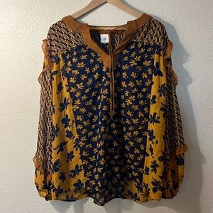 CAbi Floral Blouse in Mustard and Navy